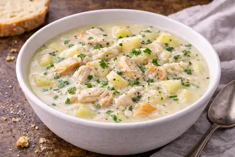 Плотный шотландский суп из копчёной рыбы, картофеля и молока.