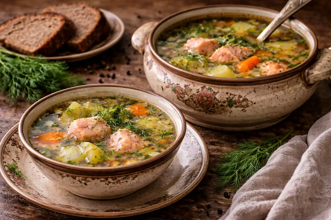 Старинный русский суп с лососем, солёными огурцами, пряным бульоном и лёгкой кисло-солёной нотой.