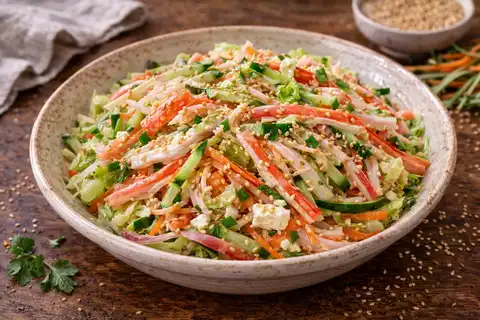 Лёгкий японский салат с крабовыми палочками, огурцом, морковью и сливочно-пикантной заправкой.
