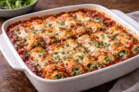 Запечённые каннеллони с нежной начинкой из рикотты и шпината под томатным соусом и сыром.