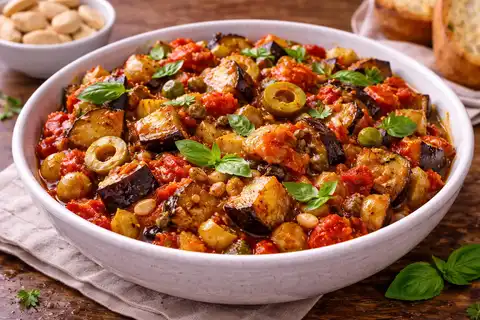 Традиционная сицилийская овощная закуска из баклажанов, томатов, сельдерея и оливок в кисло-сладком соусе.