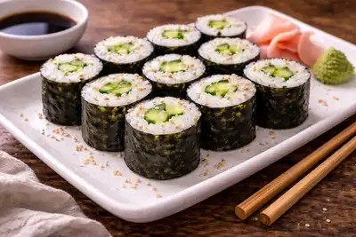 Лёгкие японские хосомаки с огурцом, заправленным рисом и хрустящими листами нори.