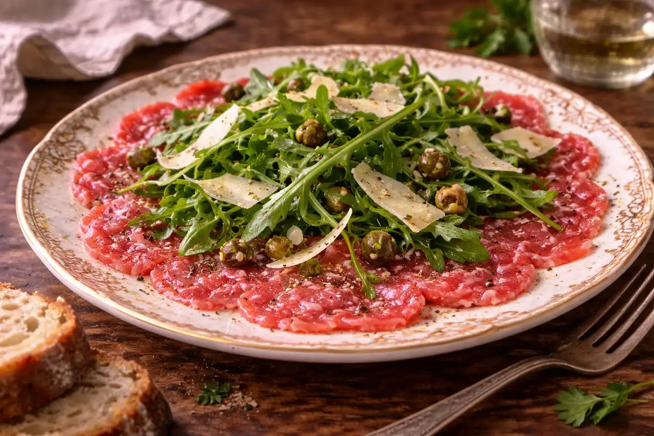 Тонко нарезанная говядина с рукколой, пармезаном и лимонно-оливковой заправкой в итальянском стиле.