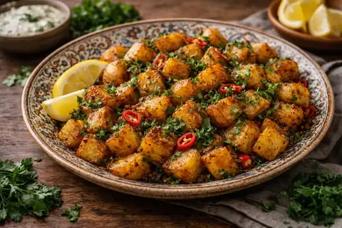 Ливанское горячее блюдо из румяного картофеля с чесноком, кинзой, чили и лимонным соком.