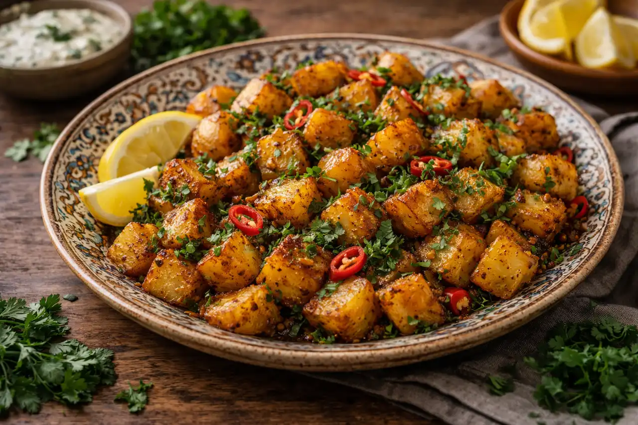 Ливанское горячее блюдо из румяного картофеля с чесноком, кинзой, чили и лимонным соком.