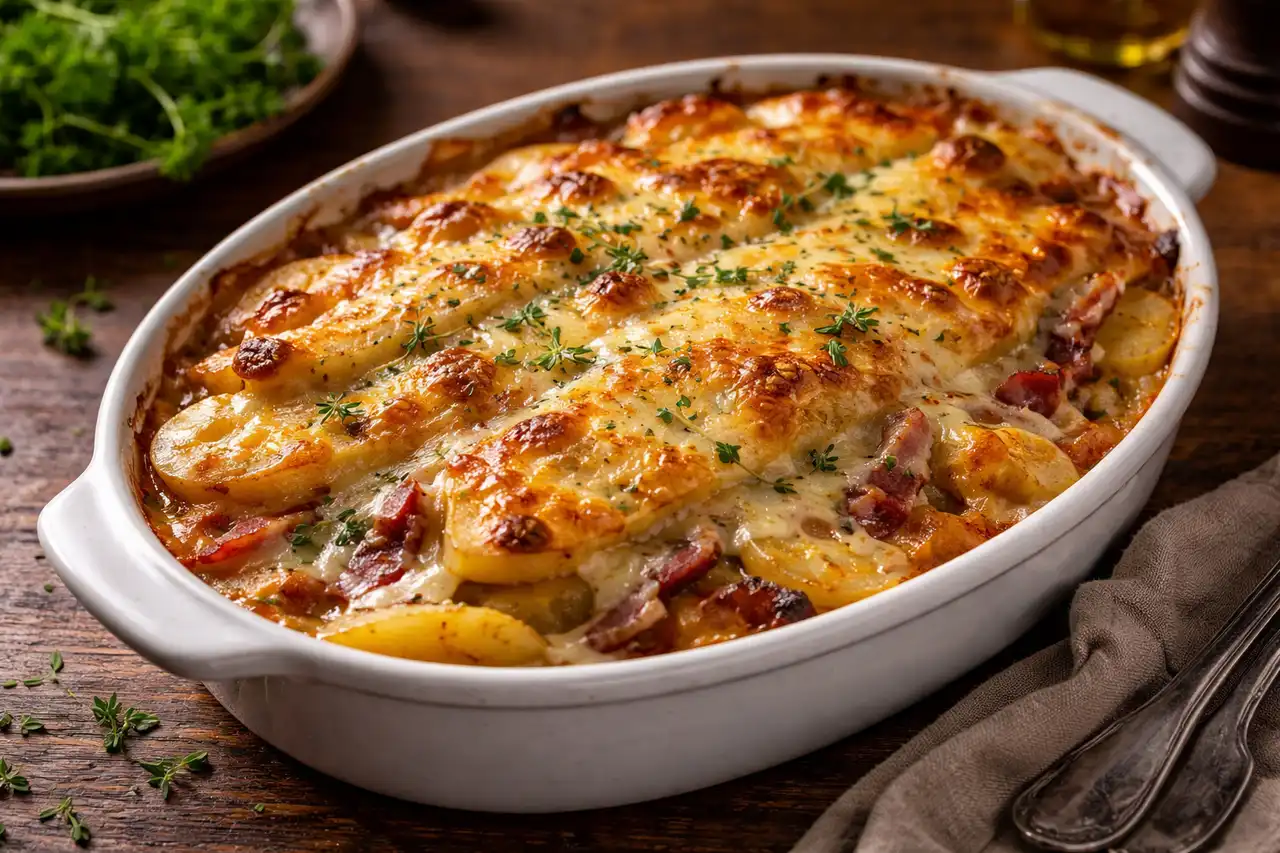 Французская картофельная запеканка с беконом, луком, сливками и расплавленным сыром реблошон.