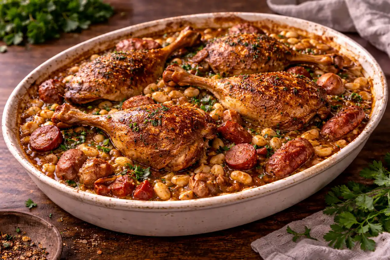 Классическое французское кассуле с утиным конфи, свининой, колбасками и томлёной белой фасолью.