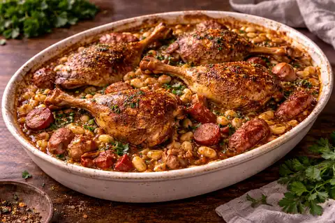 Классическое французское кассуле с утиным конфи, свининой, колбасками и томлёной белой фасолью.