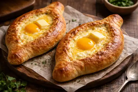 Лодочки из дрожжевого теста с сырной начинкой, яйцом и сливочным маслом в классическом аджарском стиле.