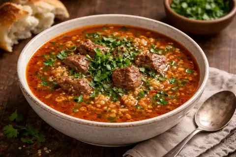 Насыщенный грузинский суп из говядины с рисом, томатами, орехами и ароматными специями.