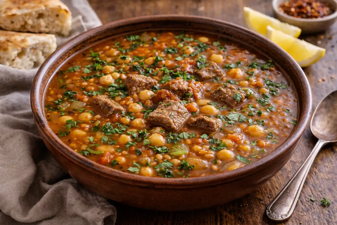Насыщенный марокканский суп с говядиной, нутом, чечевицей, томатами и ароматными специями.