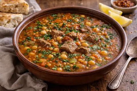 Насыщенный марокканский суп с говядиной, нутом, чечевицей, томатами и ароматными специями.