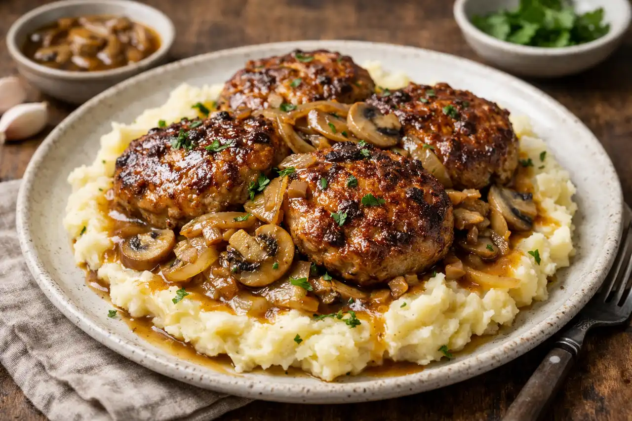 Хрустящие мясные котлеты с насыщенной грибной подливой.