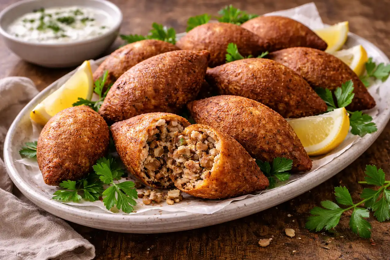 Хрустящие ближневосточные котлеты из булгура с пряной начинкой из баранины и кедровых орехов.