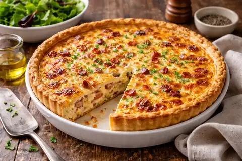 Французский киш с хрустящей основой, беконом и нежной сливочно-яичной заливкой.