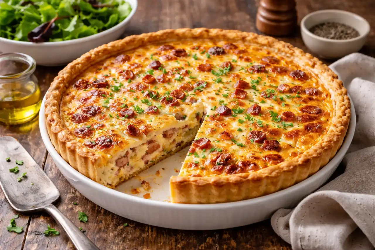 Французский киш с хрустящей основой, беконом и нежной сливочно-яичной заливкой.