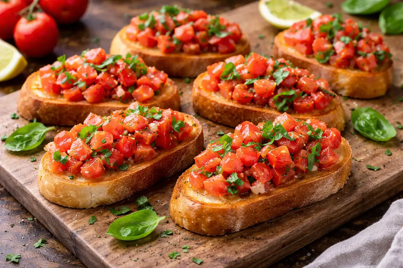 Хрустящая брускетта с томатами, чесноком и базиликом на поджаренном хлебе.