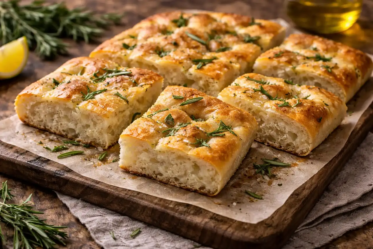 Воздушная итальянская фокачча с хрустящей корочкой, оливковым маслом и ароматом свежего розмарина.