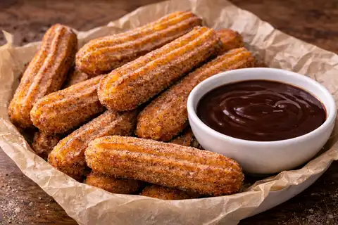 Хрустящие испанские чуррос с сахарно-коричной посыпкой и насыщенным шоколадным соусом.