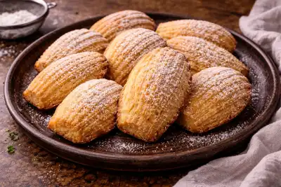 Нежные французские мадлен с маслянистым вкусом, лимонной ноткой и тонкой золотистой корочкой.