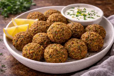 Хрустящие шарики из нута с зеленью и специями в ближневосточном стиле.