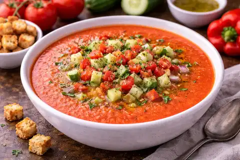 Освежающий холодный суп из спелых томатов, огурца и сладкого перца.