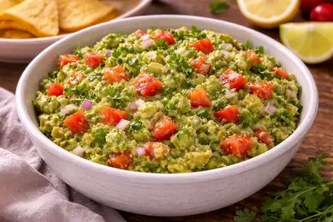 Свежая мексиканская закуска из авокадо с лаймом, томатами, луком и мягкой пикантностью.