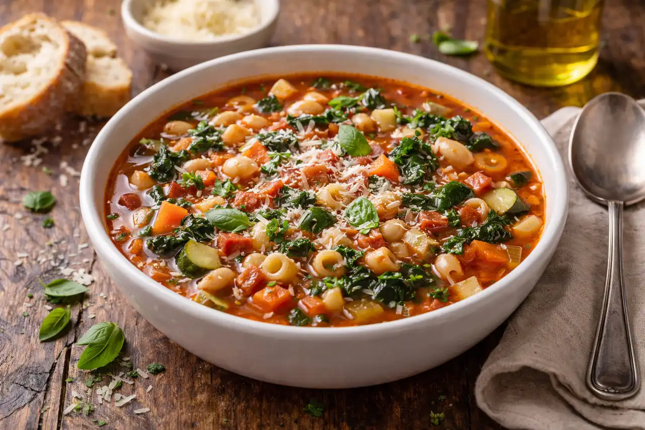 Классический минестроне с овощами, фасолью и пастой в пряном томатном бульоне.