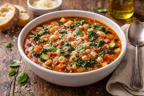 Классический минестроне с овощами, фасолью и пастой в пряном томатном бульоне.