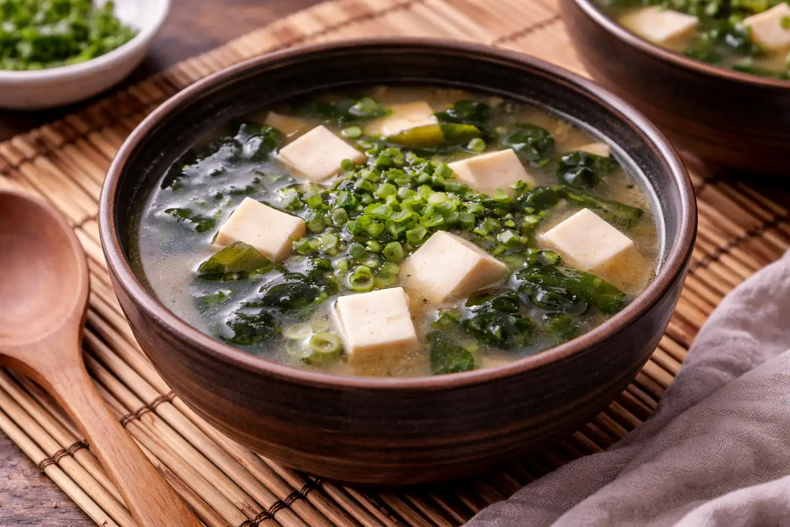 Легкий японский суп на даси с мисо-пастой, тофу, вакаме и зелёным луком.
