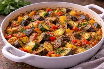 Овощное рагу из баклажанов, кабачков и томатов в классическом прованском стиле.