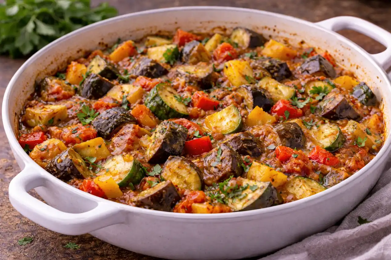 Овощное рагу из баклажанов, кабачков и томатов в классическом прованском стиле.