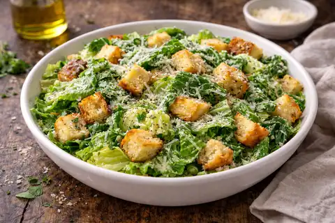 Классический Цезарь с ромэном, сливочным анчоусным соусом и хрустящими крутонами.