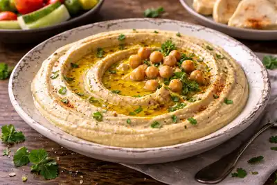 Нежный хумус из нута с тахини, лимоном и чесноком в классическом ближневосточном стиле.