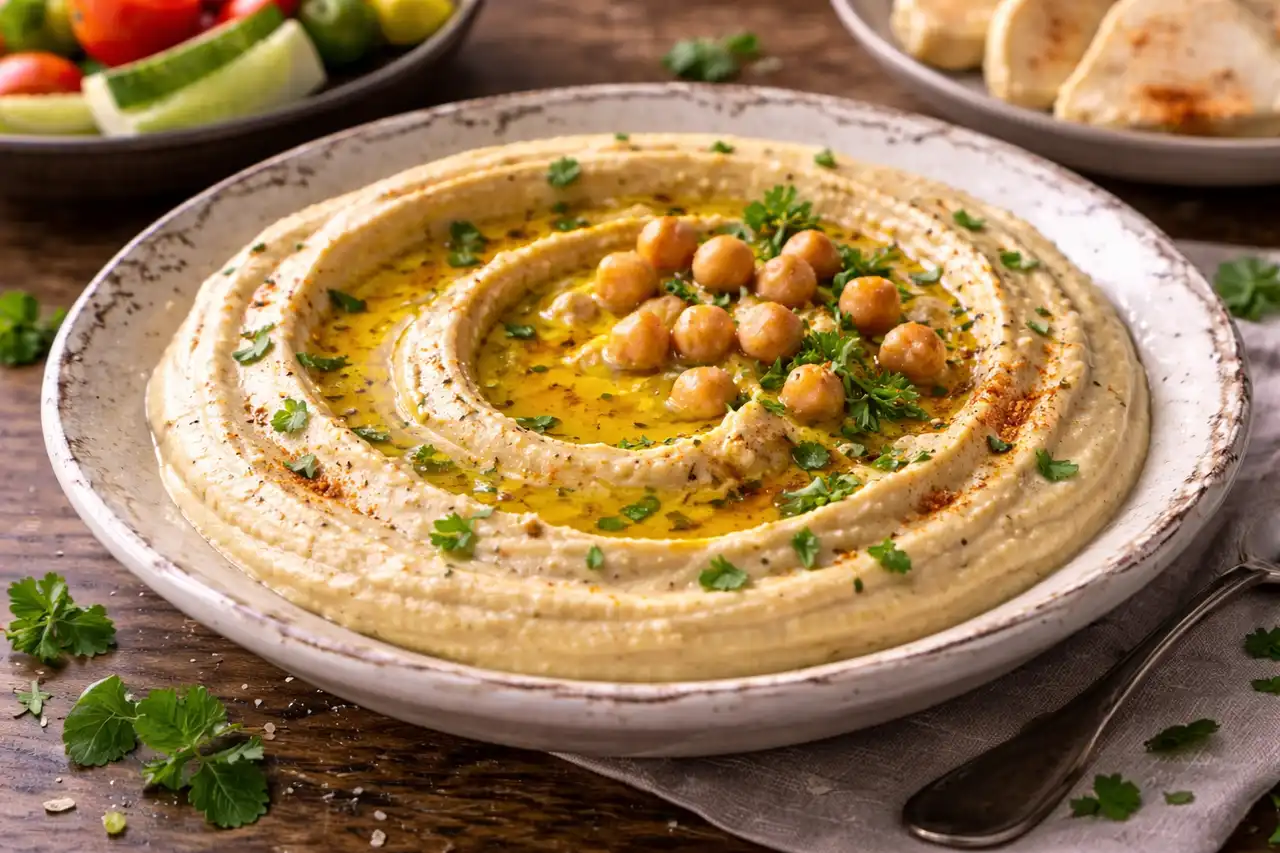 Нежный хумус из нута с тахини, лимоном и чесноком в классическом ближневосточном стиле.