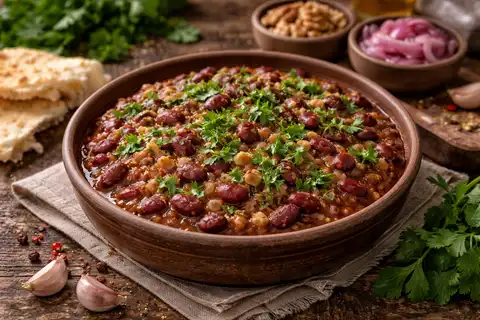 Традиционное грузинское горячее из красной фасоли с луком, чесноком, грецкими орехами и кинзой.