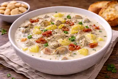 Густой американский суп с моллюсками, картофелем, сливками и лёгким копчёным акцентом бекона.