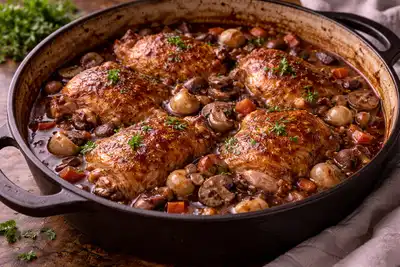 Классическое французское блюдо из курицы, томлённой в красном вине с беконом, грибами и ароматными травами.