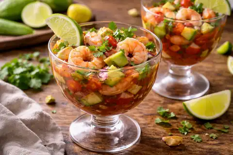 Холодная мексиканская закуска с креветками, томатно-лаймовой заправкой, авокадо и свежими овощами.