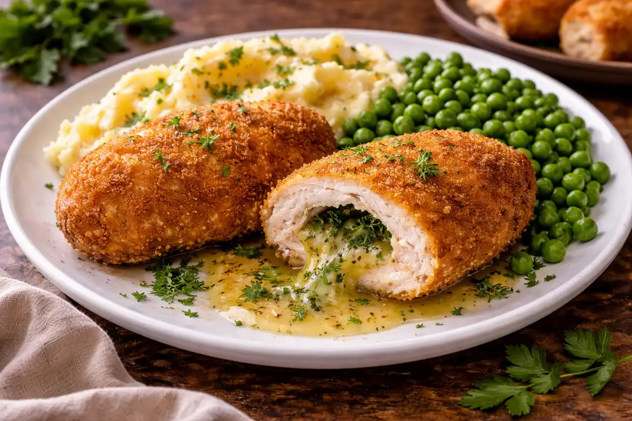 Хрустящая куриная котлета с ароматным сливочным маслом внутри.