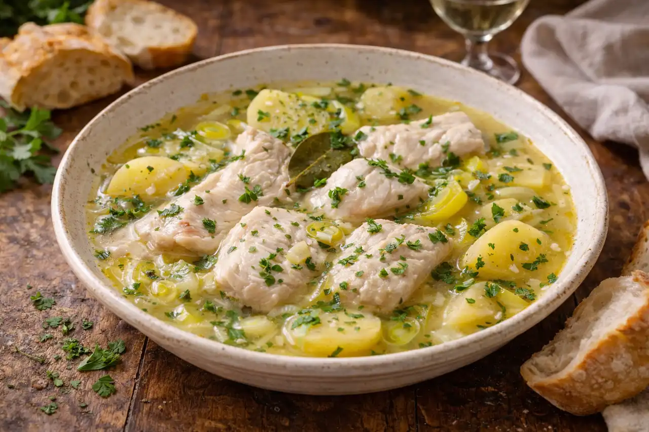 Французский рыбный суп с белой рыбой, картофелем, луком-пореем и лёгким винным бульоном.