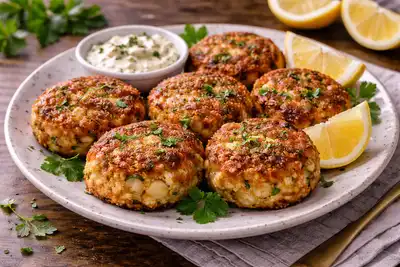 Нежные американские крабовые котлетки с хрустящей корочкой и лимонным акцентом.