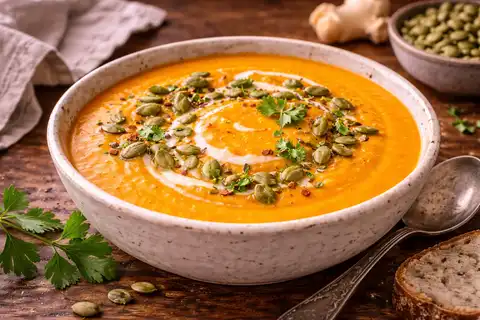 Бархатистый крем-суп из батата с имбирём, кокосовым молоком и лёгкой цитрусовой свежестью.