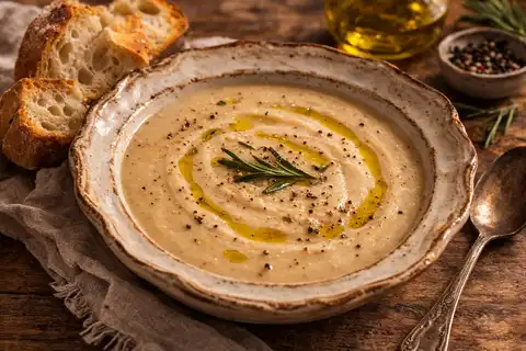 Нежный тосканский крем-суп из белой фасоли с розмарином, чесноком и оливковым маслом.