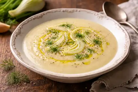 Нежный крем-суп из фенхеля и картофеля с деликатным анисовым ароматом и бархатистой текстурой.