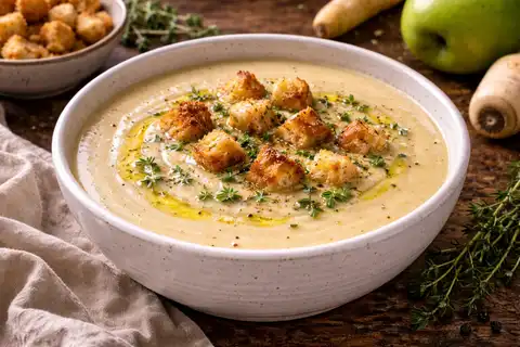 Нежный крем-суп с мягкой сладостью пастернака, яблочной свежестью и сливочной текстурой.