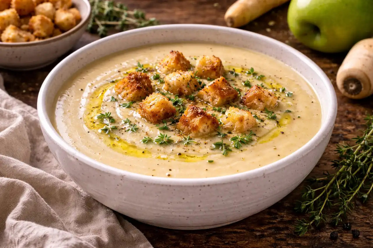 Нежный крем-суп с мягкой сладостью пастернака, яблочной свежестью и сливочной текстурой.