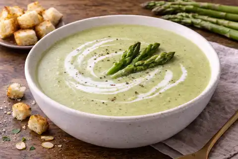 Нежный крем-суп из зелёной спаржи с мягкой сливочной текстурой и деликатным ароматом.