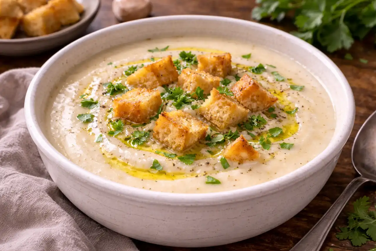 Нежный крем-суп из цветной капусты со сливочной текстурой и мягким ароматом чеснока и тимьяна.