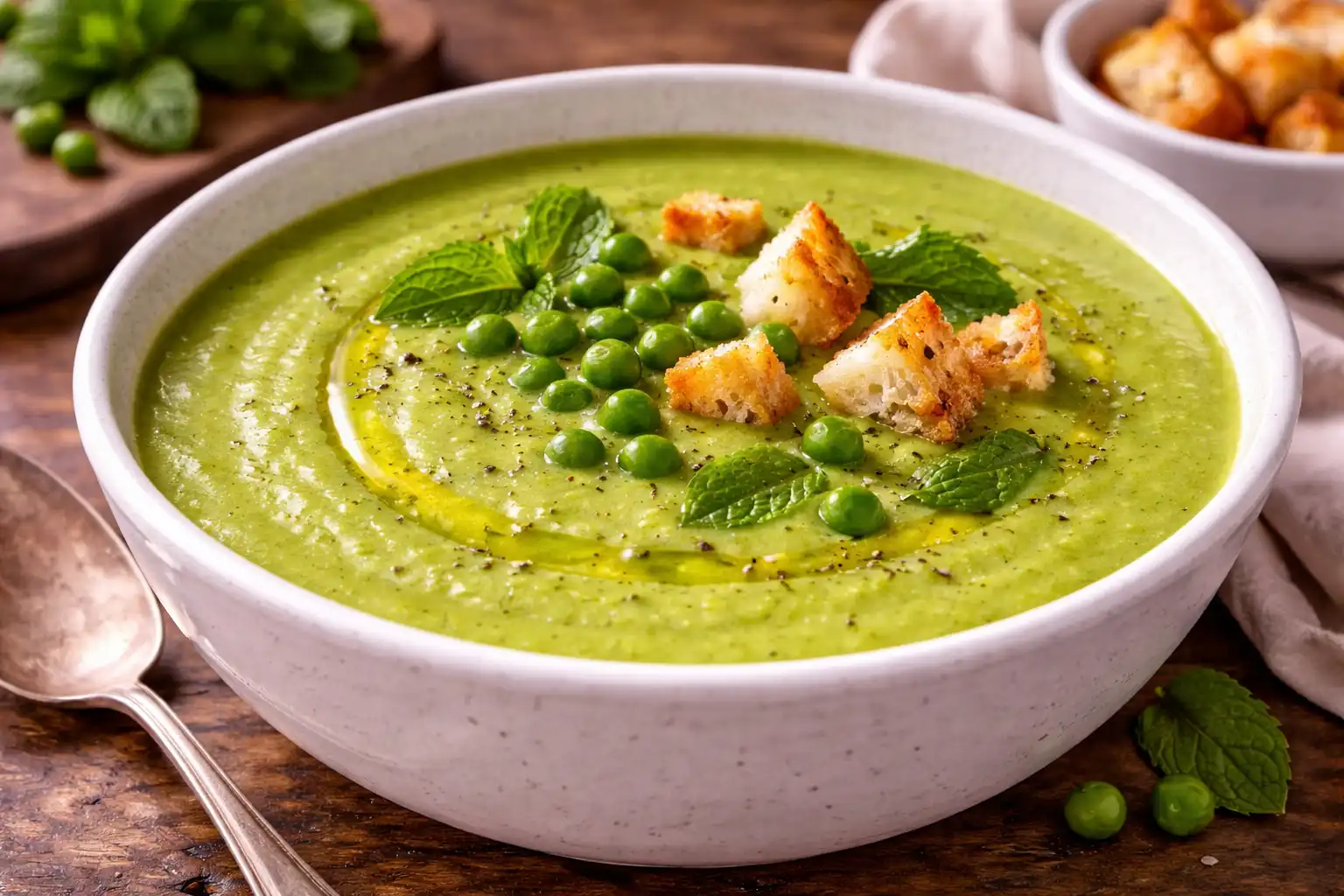 Лёгкий крем-суп из зелёного горошка с мятой и сливочной текстурой.